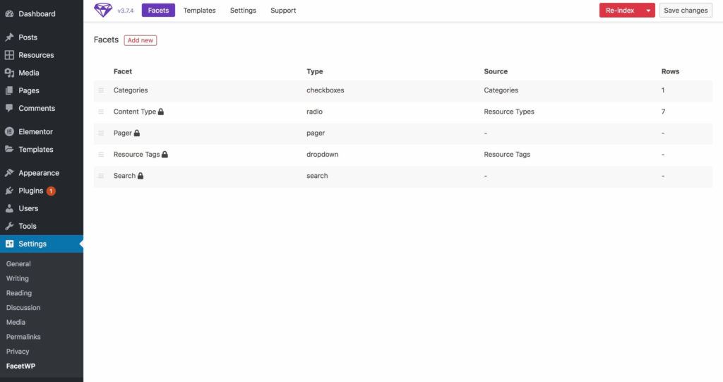 Backend view of default Facets inside FacetWP