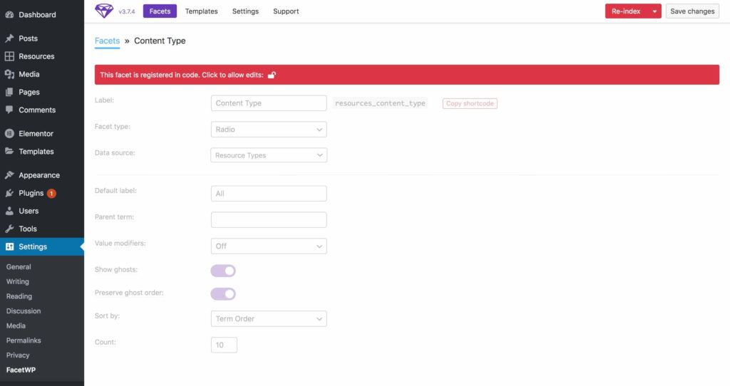 Backend view of a locked Facet