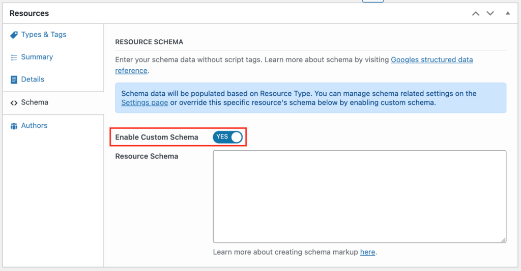 Toggle to enable custom schema on an individual resource post