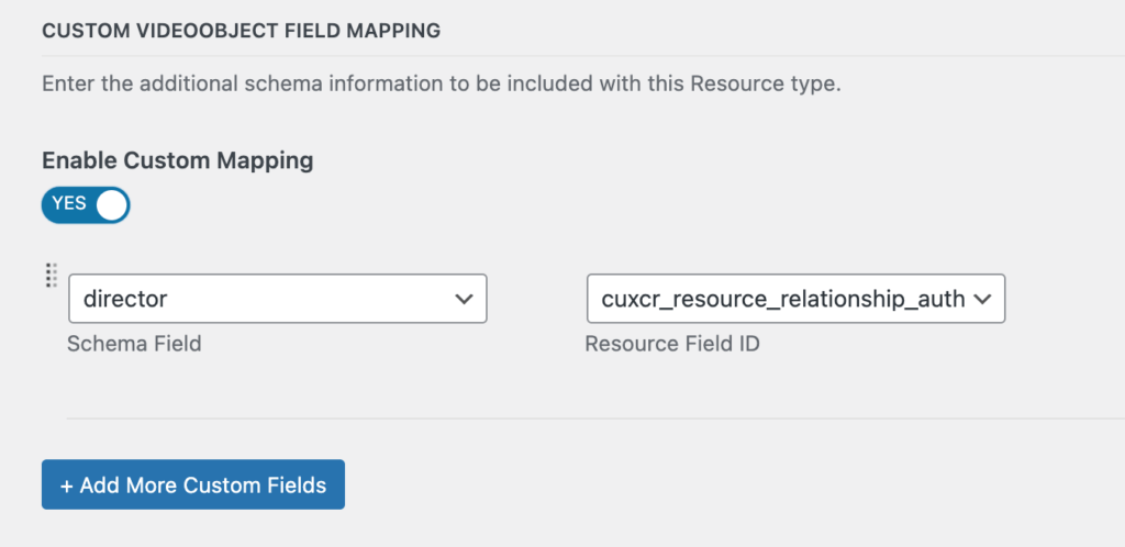 Example of custom mapping schema field and resource field pair