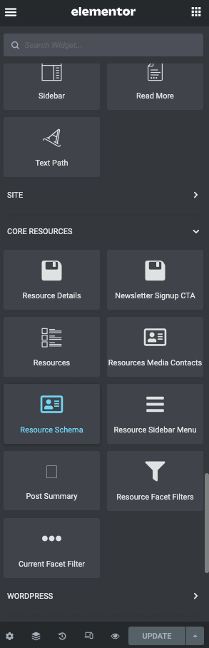 Resource Schema widget shown in the Elementor editor sidebar