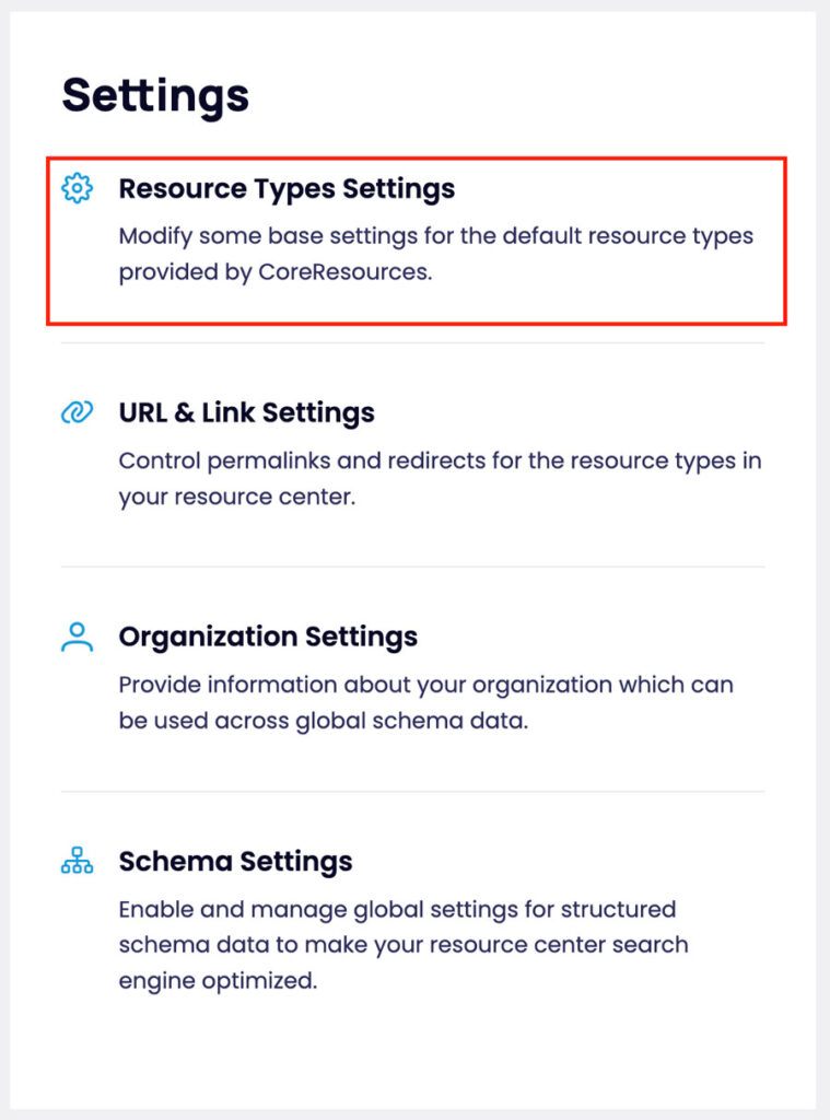 resource type settings link on dashboard